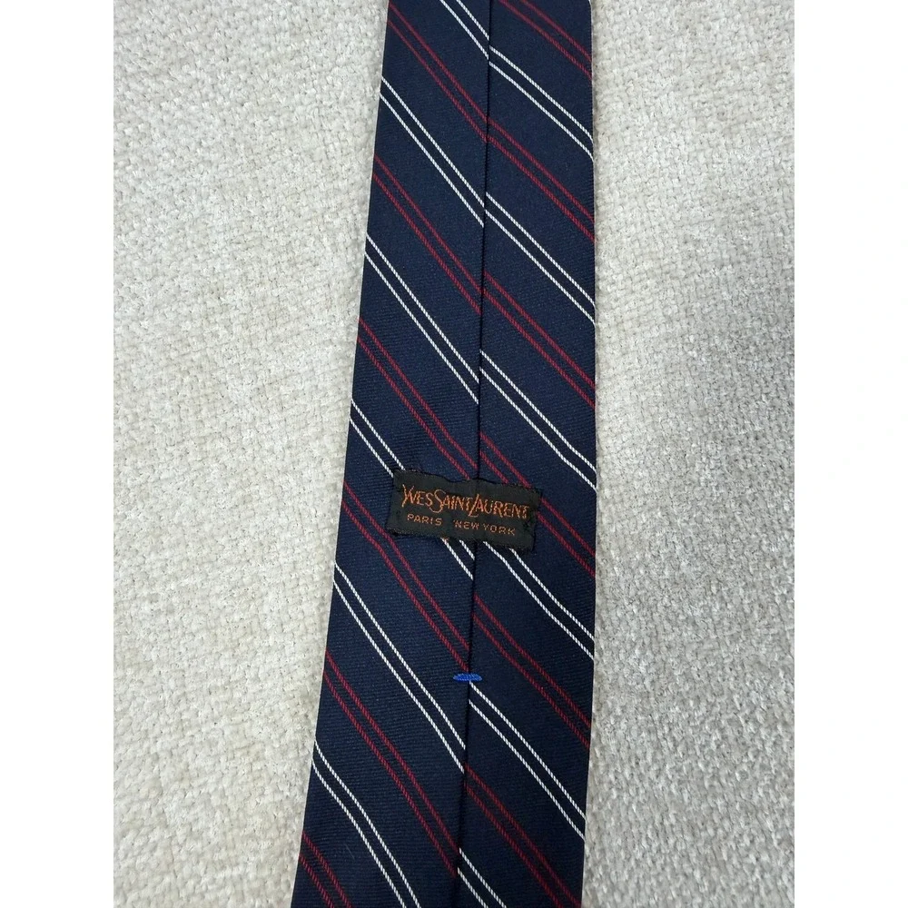 Yves Saint Laurent Silk Tie Navy Red White Diagonal Repp Stripe YSL Logo Vintage